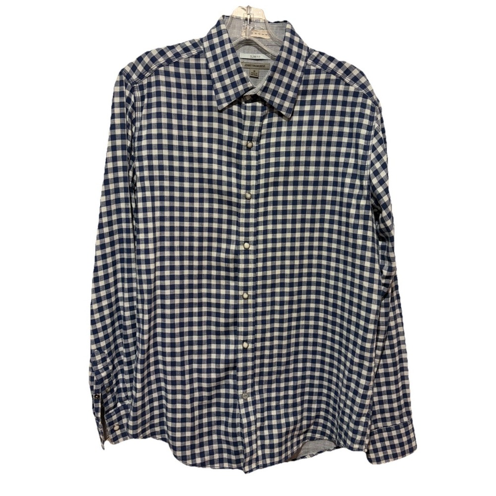 Johnston & Murphy Slim Fit Shirt Mens Medium Blue White Plaid Long Sleeve Button